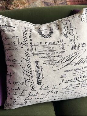 18” Vintage French Script Accent Pillow in Cream and Black